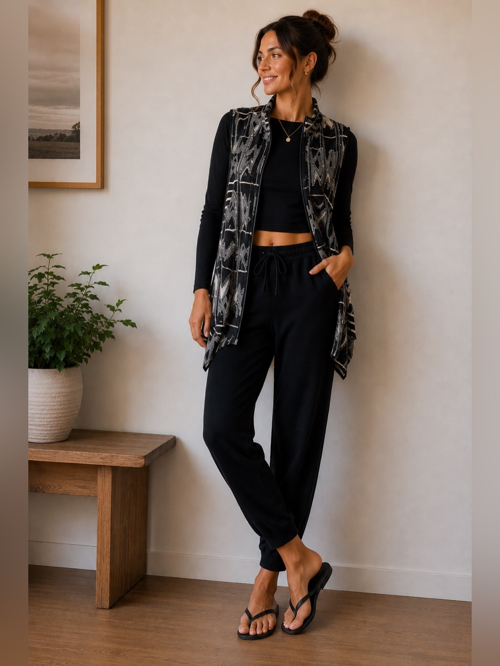sun kim lagenlook abstract zip tunic vest | size large
